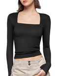 PUMIEY Women's Square Neck Long Sleeve T Shirts Slim Fit Tops Basic Tee Fabric Womenswear Comfort Streetwear Cloud Light...