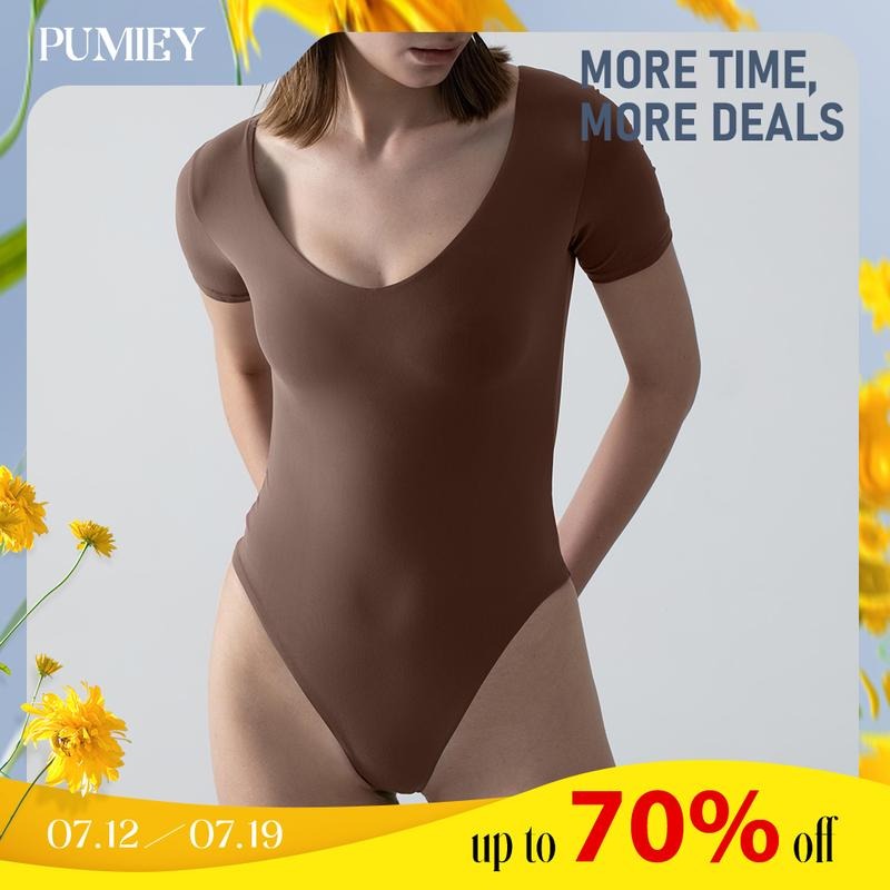 PUMIEY Women's V Neck Short Sleeve Bodysuit Sexy Tops Slim-fitting Plain candice  swanepoel T-Shirts, Hoodie, Sweatshirt