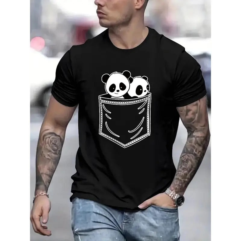 Panda Bears In A Faux Pocket Print T Shirt, Tees For Men, Casual Short Sleeve T-shirt For Summer Made in USA Hoodie,...