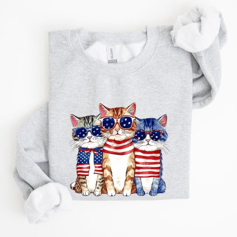 Patriotic Hippie Cats Funny 4th July Crew Neck T-Shirts, Hoodie, Sweatshirt