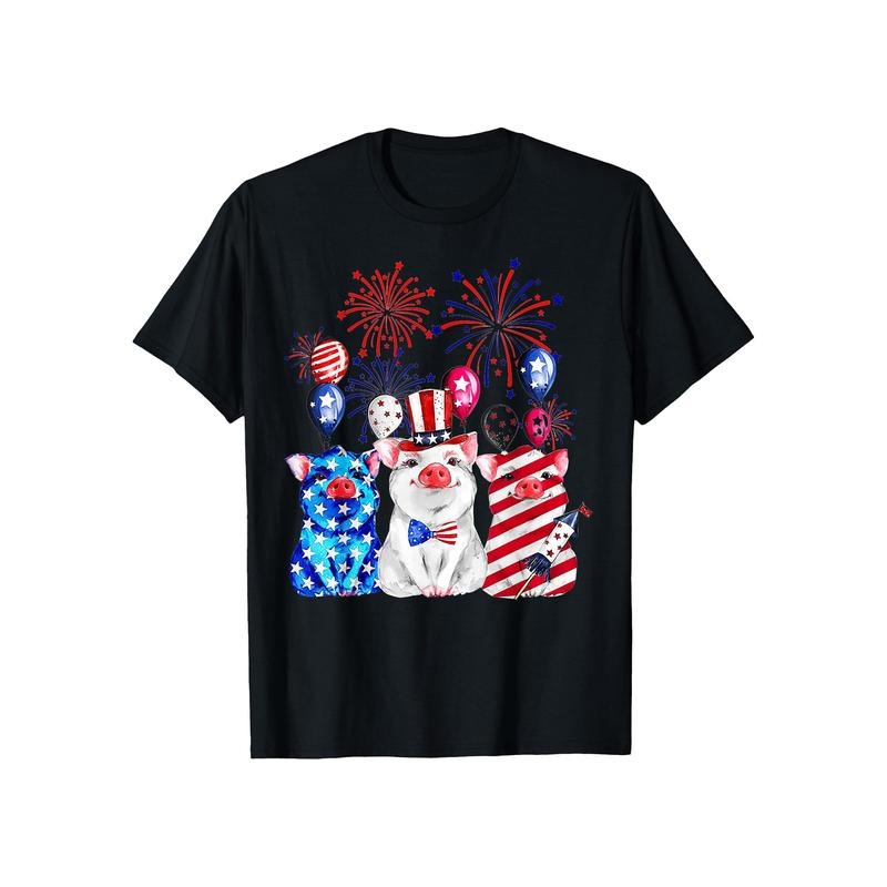 Patriotic Pig Fireworks & American Flag Graphic T-Shirt, 100% Cotton, Classic Crew Neck, Slight Stretch Fabric, Solid...