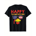 Patriotic Thanksgiving Turkey & American Flag Graphic Tee - Cotton, Crew Neck, Short Sleeve for Men & Women