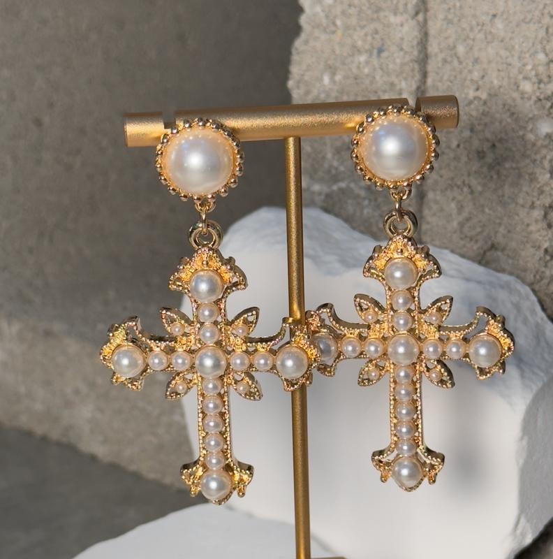 Pearl Cross Gold Earrings with Detailed Pearl Accents and Elegant Design T-Shirts, Hoodie, Sweatshirt | GrindPrints.com