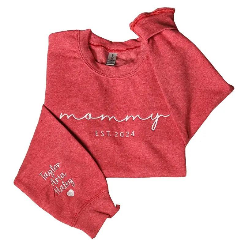 Personalized Mommy Embroidered Names Sleeve Custom Mama Baby Announcement Mom T-Shirts, Hoodie, Sweatshirt