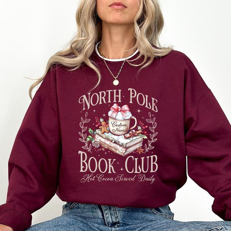 Personalized North Pole Book Club Sweatshirt, Custom Name Book Lover Pullover, Vintage Christmas Bookish Crewneck,...