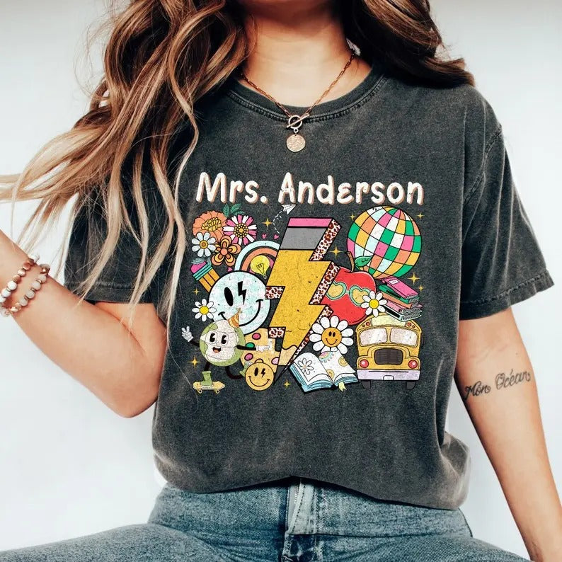 Personalized Retro Teacher Name Shirt Kindergarten Teacher Teacher Teacher Appreciation Back School Shirt T-Shirts, Hoodie, Sweatshirt