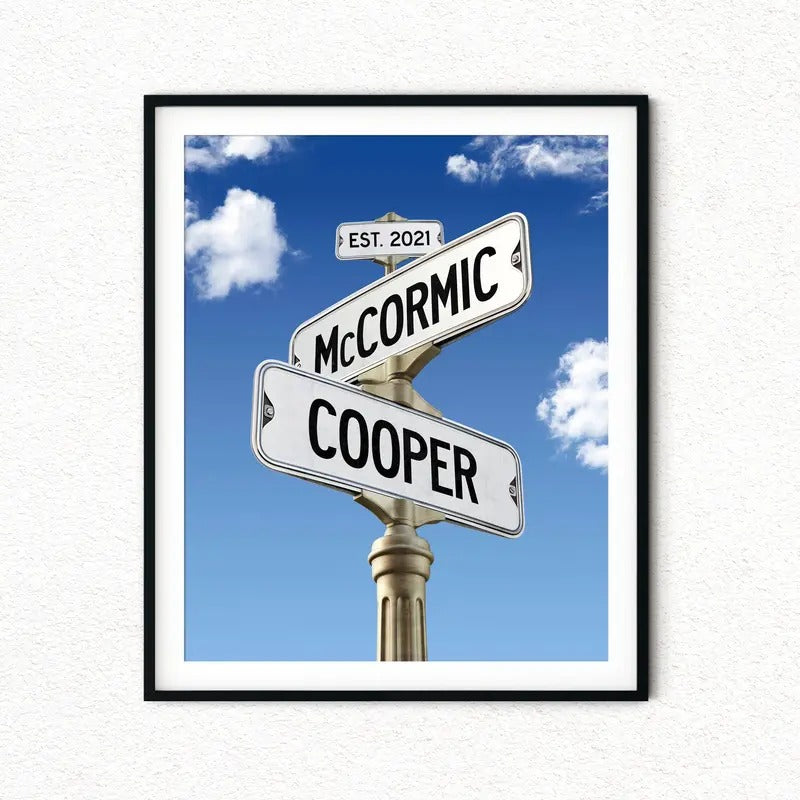 Personalized Street Sign Wedding Gift, Cross Road Sign With 2 Last Names, Gifts For Him Her, Poster Prints No Frame,...