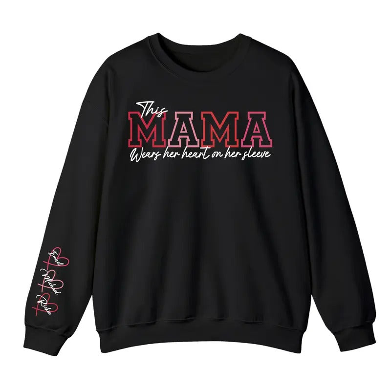 Personalized This Mama Wears Her Heart on Her Sleeve Sweatshirt Hoodie, Mama Sweatshirt with Kid Names, Custom Shirt for...