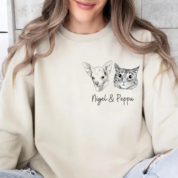 Pet Sweatshirt with Personalized Pet Sketch | Cozy Gift for Pet Lovers T-Shirts, Hoodie | GrindPrints.com