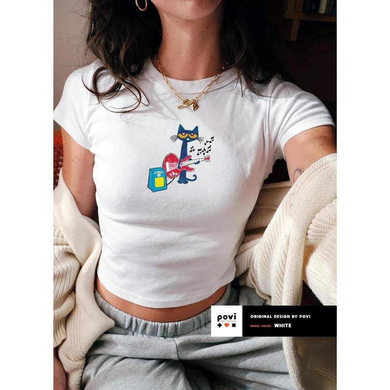 Pete The Cat Plays Guitar Baby Tee, Trendy Y2K Childhood Aesthetic Cute Cat Graphic Shirt, Nostalgic Funny Cat and Music...