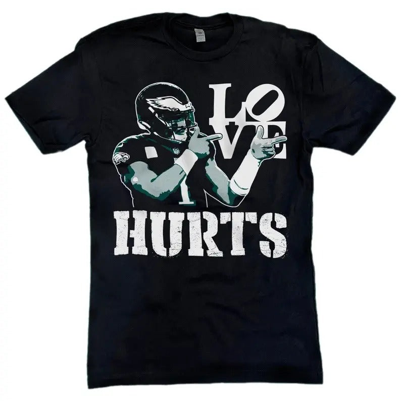 Philadelphia Shirt Jalen Hurts "Love Hurts" T-Shirt Funny Graphic Unisex Trendy Top Tee Hoodie, Sweatshirt | GrindPrints.com
