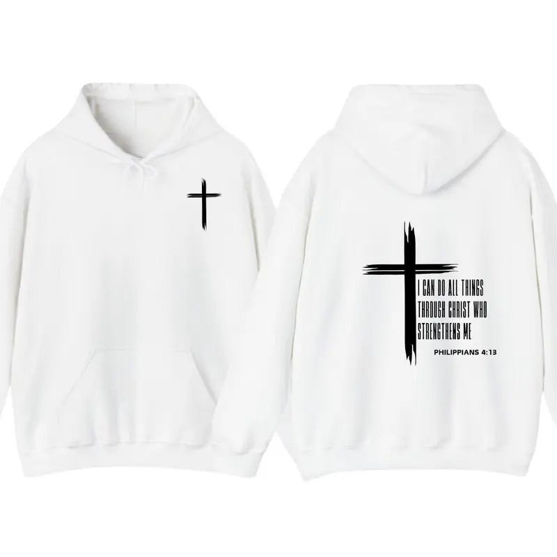 Philippians 4:13 Inspirational Christian Hoodie for Men - Bold Cross & Uplifting Verse T-Shirts, Sweatshirt | GrindPrints.com