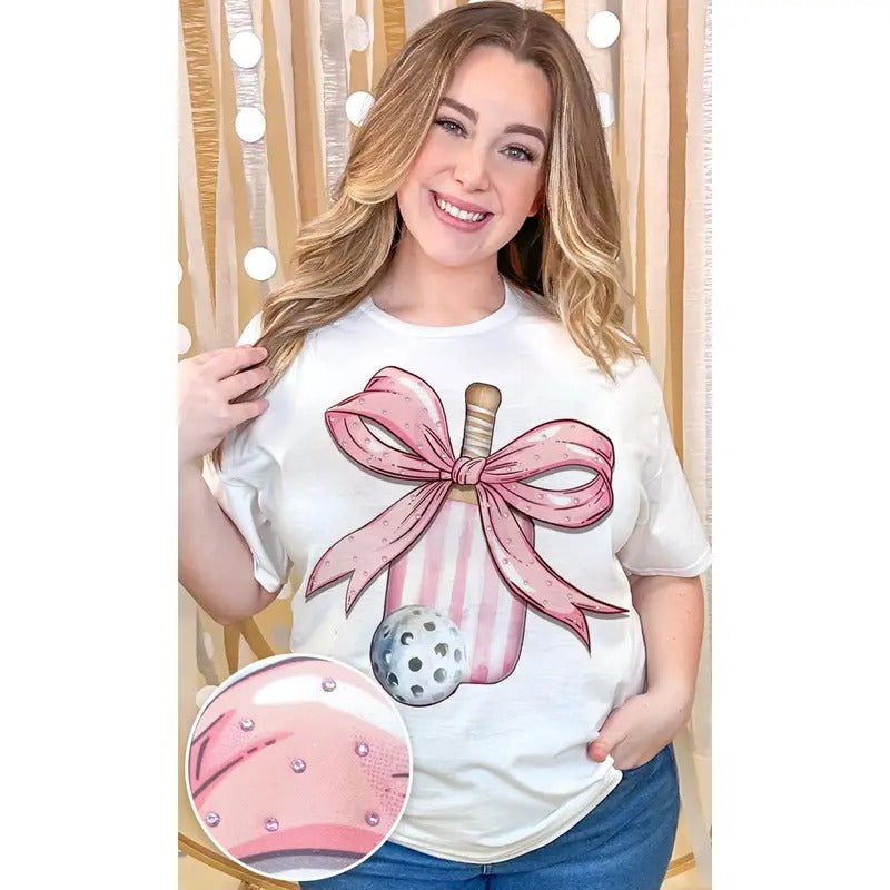 Pickleball Pink Bow Rhinestone Graphic Shirt Hoodie, Sweatshirt | GrindPrints.com