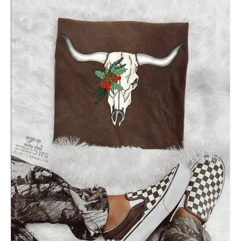 Pinecone Cow Skull Sweatshirt, western clothing hoodies, western outfits women, western tops T-Shirts | GrindPrints.com