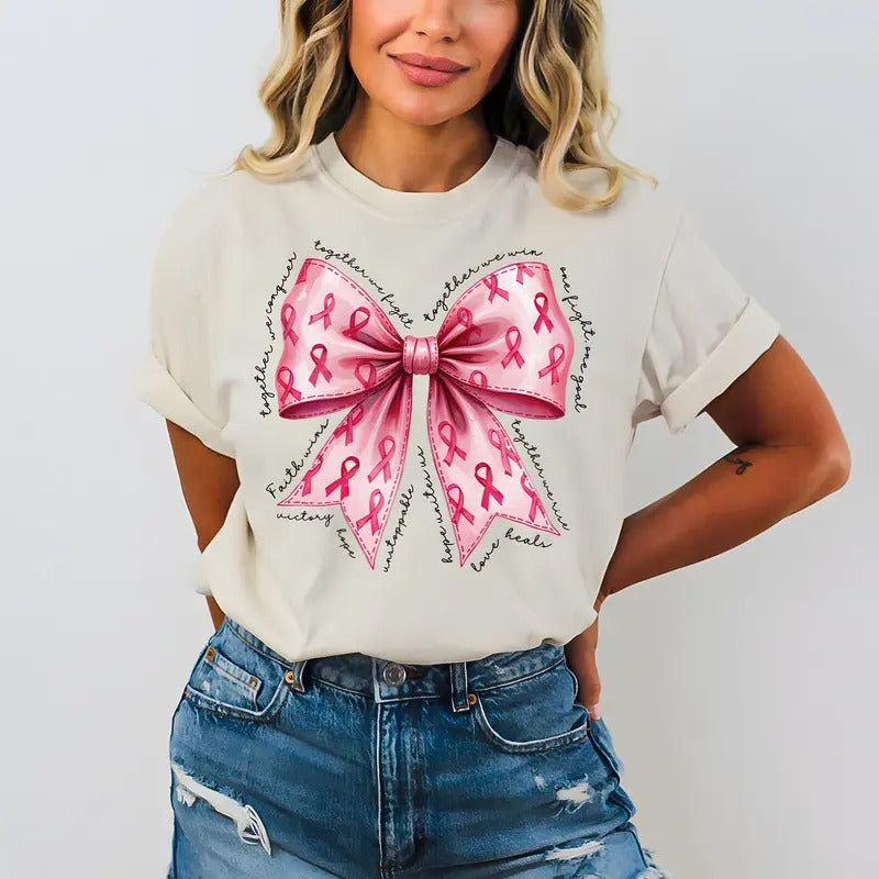 Pink Bow Breast Cancer Tshirt, Breast Cancer Ribbon Pink Sweatshirt Cotton Crewneck Hoodie | GrindPrints.com