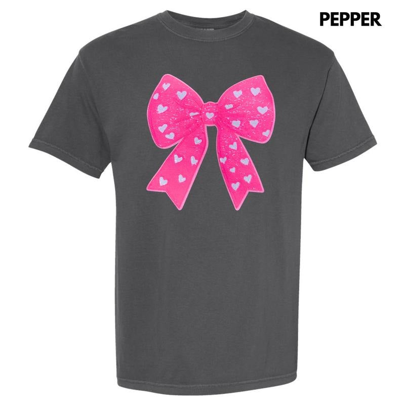 Pink Bow Heart Sequin Patch Comfort Colors T-Shirt Hoodie, Sweatshirt | GrindPrints.com