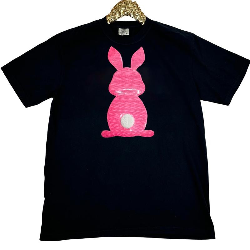 Pink Bunny Sequin Patch Comfort Colors T-Shirt -- BLACK Hoodie, Sweatshirt | GrindPrints.com