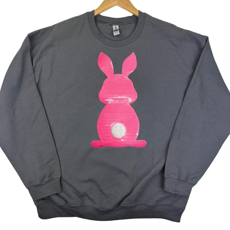 Pink Bunny Sequin Patch Sweatshirt -- CHARCOAL T-Shirts, Hoodie | GrindPrints.com