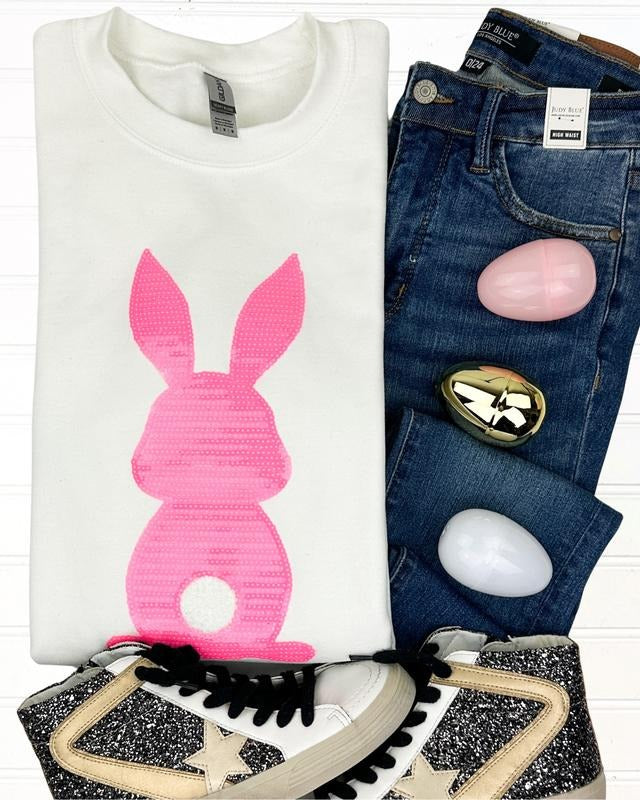Pink Bunny Sequin Patch Sweatshirt -- WHITE T-Shirts, Hoodie | GrindPrints.com