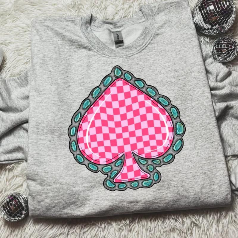 Pink Checkered Spade Sweatshirt, vintage crewneck sweatshirts, western outfit women, cowgirl outfits, western clothing...