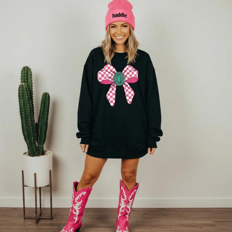 Pink Checkered Turquoise Bow Sweatshirt, vintage crewneck sweatshirts, western outfit women, cowgirl outfits, western...