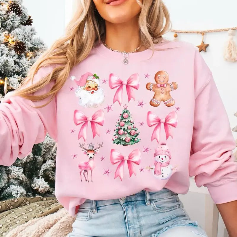 Pink Coquette Christmas Sweatshirt, Pink Santa Shirt, Christmas Candy Cane Sweatshirt, Girly Christmas Shirt, Pink...