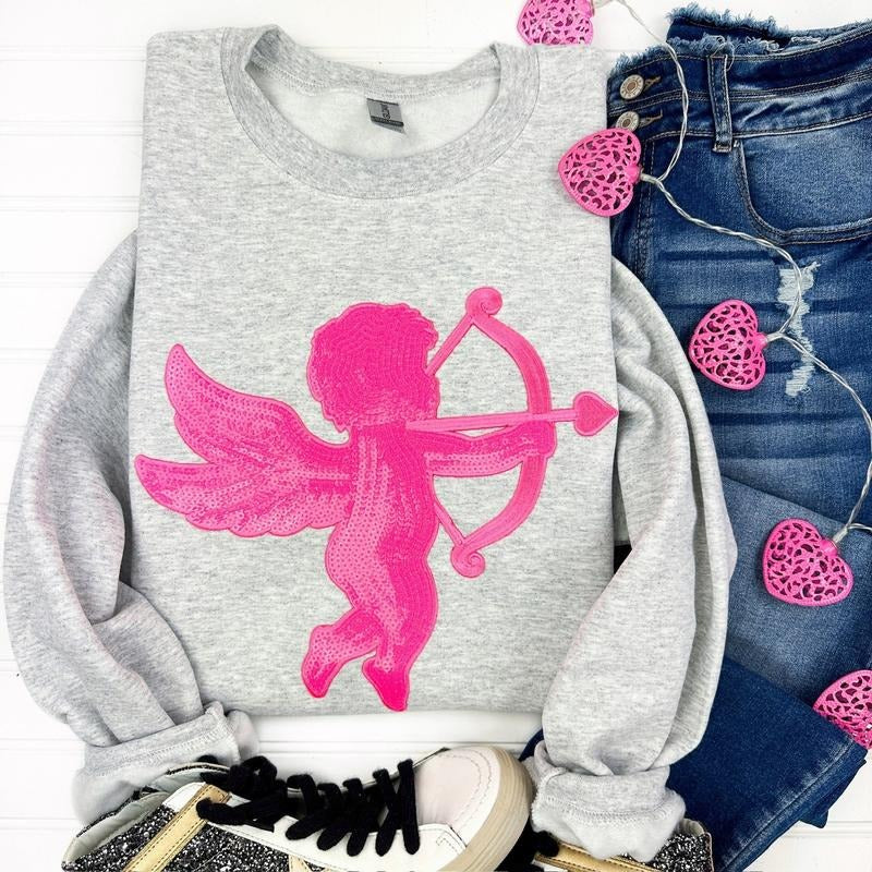 Pink Cupid Sequin Patch Sweatshirt -- ASH GREY T-Shirts, Hoodie | GrindPrints.com