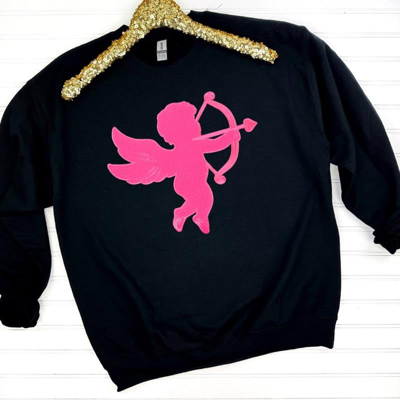 Pink Cupid Sequin Patch Sweatshirt -- BLACK T-Shirts, Hoodie | GrindPrints.com