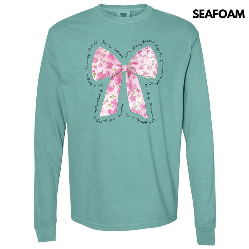 Pink Floral Proverbs Bow Long Sleeve Comfort Colors T-Shirt 'NLB' Hoodie, Sweatshirt | GrindPrints.com