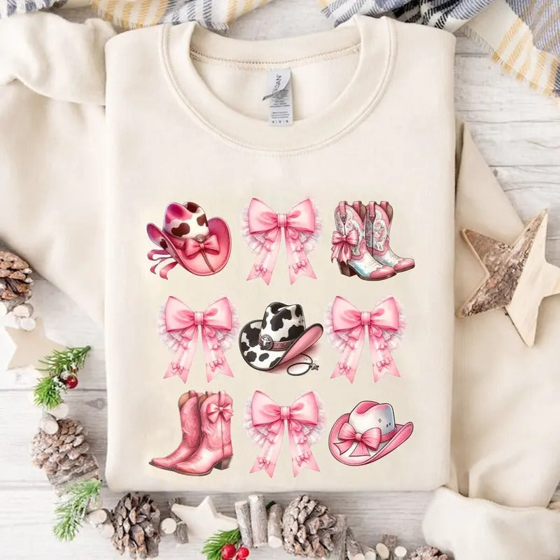 Pink Girls Western Boots Bows and Cowboy Hats Sweatshirt, Cute Cowgirls Rodeo Country Girl Western Tee Hoodie
