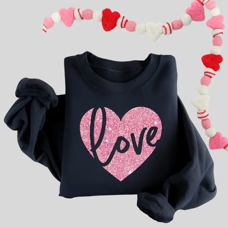 Pink Glitter Heart Sweatshirt, Womens Valentines Day Sweater, Glitter Heart Valentine Sweatshirt,mommy me love sweatshirt...