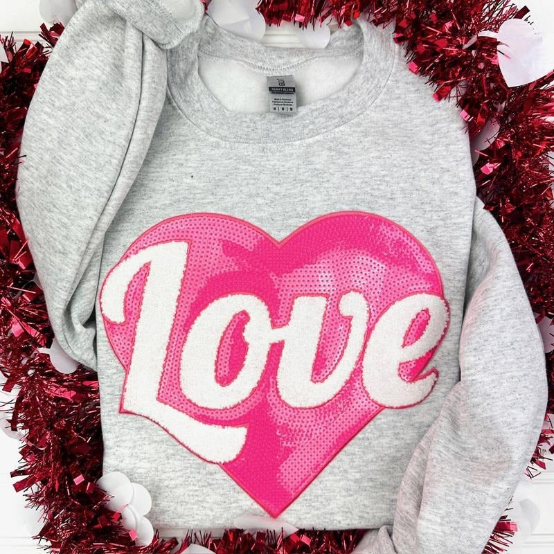 Pink Heart Sequin Patch Sweatshirt -- ASH GREY T-Shirts, Hoodie | GrindPrints.com