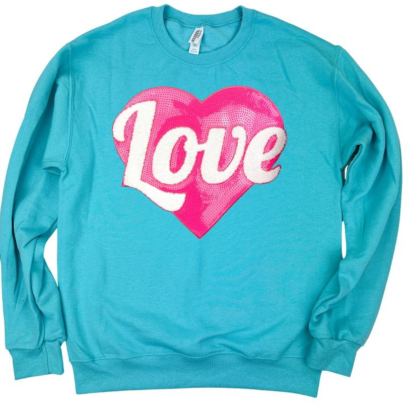 Pink Heart Sequin Patch Sweatshirt -- SCUBA BLUE T-Shirts, Hoodie | GrindPrints.com