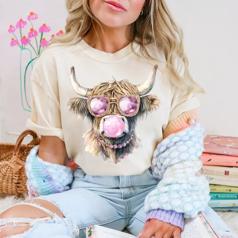 Pink Highland Cow Blowing Bubble DTF Transfers - THIS IS NOT A SHIRT Hoodie, Sweatshirt | GrindPrints.com