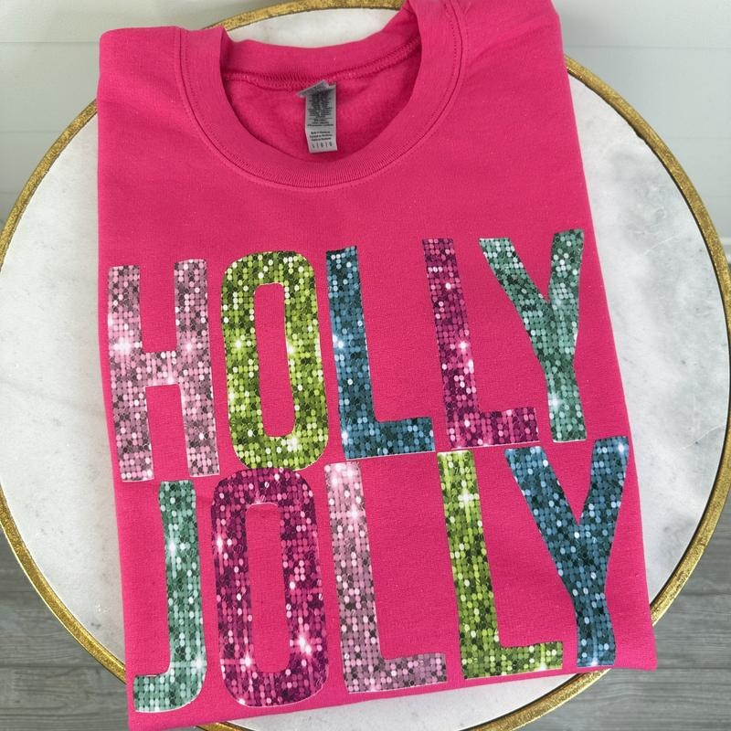 Pink Holly Jolly Faux Sequin Gildan Sweatshirt T-Shirts, Hoodie | GrindPrints.com