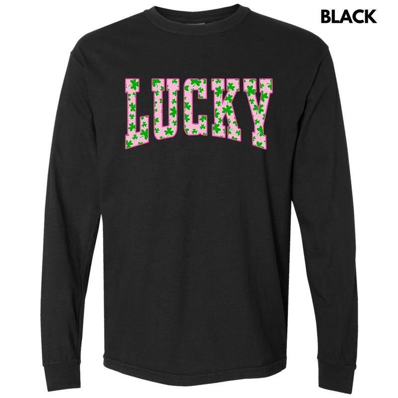 Pink Lucky Varsity Letter Long Sleeve Comfort Colors T-Shirt 'NLB' Hoodie, Sweatshirt | GrindPrints.com