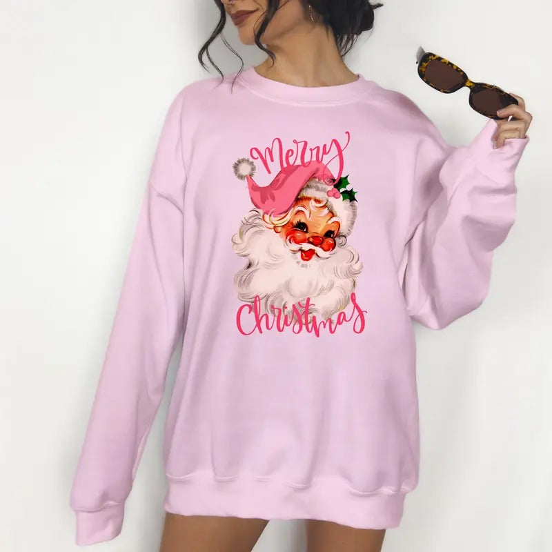 Pink Merry Christmas Santa - Unisex Crewneck Sweatshirt