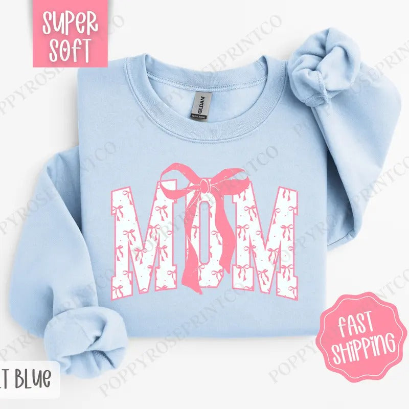 Pink Mom Bow Sweatshirt, Women's Crewneck, Cute Women's Sweater T-Shirts, Hoodie | GrindPrints.com