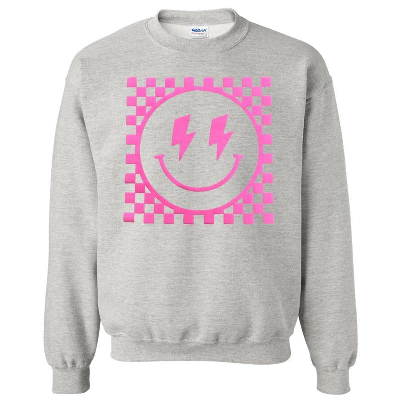 Pink Puff Checkered Happy Face Sweatshirt T-Shirts, Hoodie | GrindPrints.com