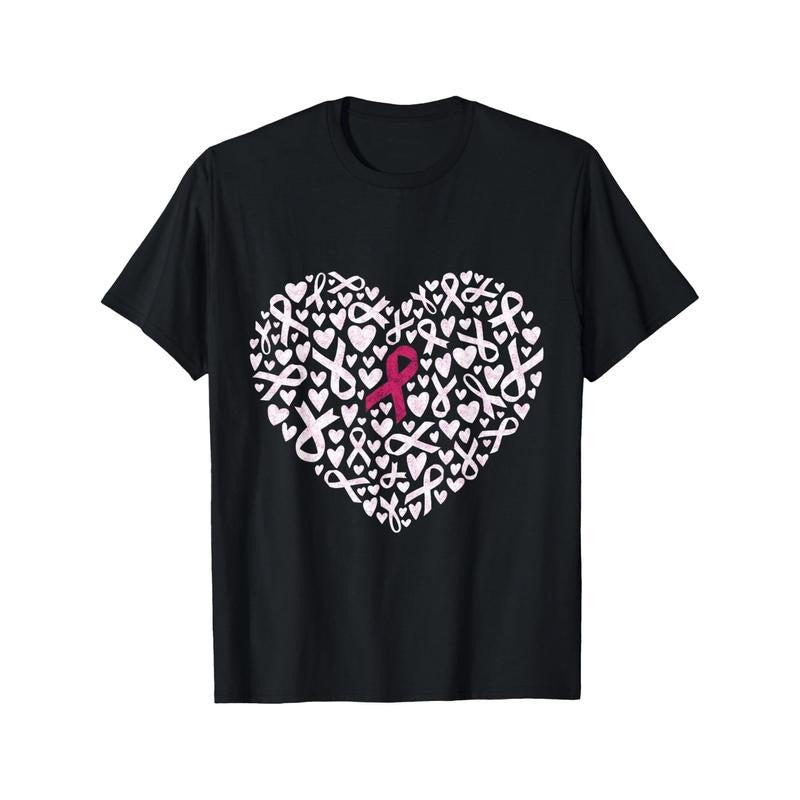 Pink Ribbon Heart Breast Cancer Awareness Support Black Casual Short Sleeve Sports Made USA T-Shirts, Hoodie, Sweatshirt