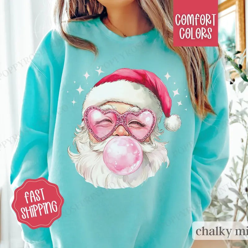 Pink Santa Bubble Sweatshirt Comfort Colors, Christmas Sweater,  Coquette Xmas Tshirt, Women's Holiday Crewneck funny...