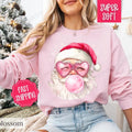Pink Santa Bubble Sweatshirt, Christmas Sweater,  Coquette Xmas Tshirt, Women's Holiday Crewneck funny santa Hoodie