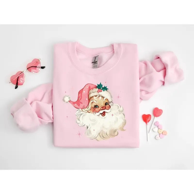 Pink Santa Retro Christmas T-Shirts Sweatshirts for Women Pink Christmas Matching Family Sweaters Pink Vintage Holiday...