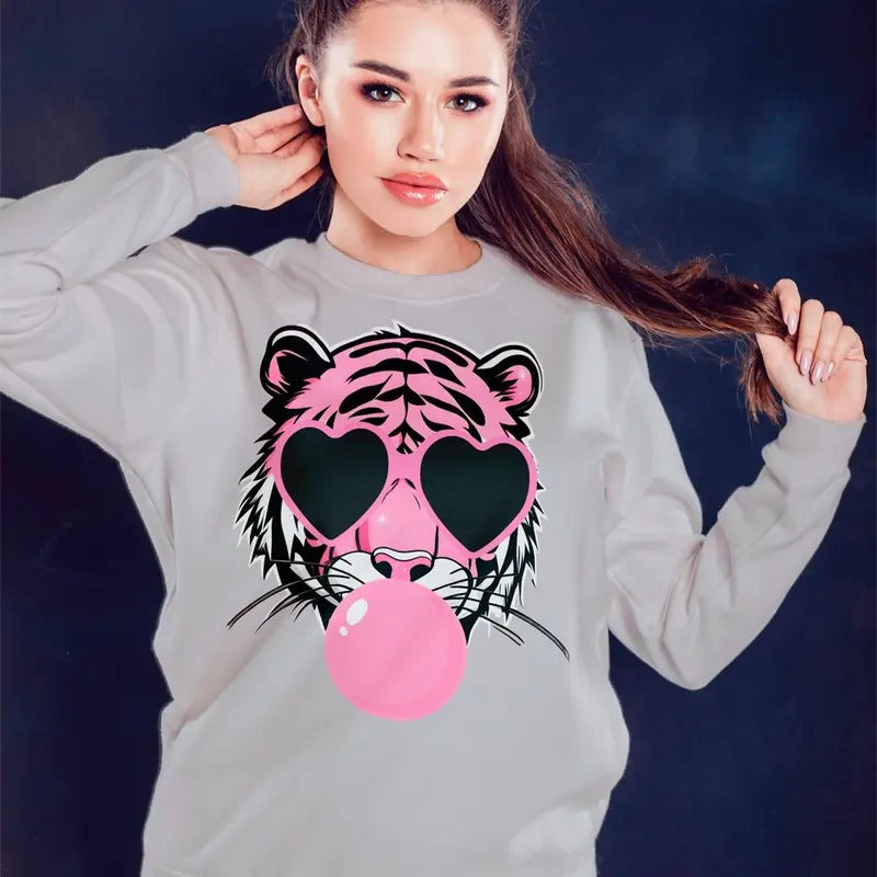 Pink Tiger Blowing Bubble Sweatshirt Casual Comfortable T-Shirts, Hoodie | GrindPrints.com