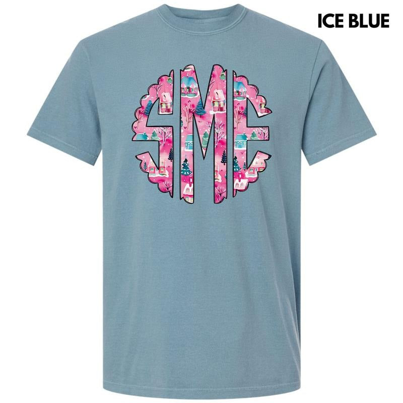 Pink Winter Holiday Monogram Comfort Colors T-Shirt 'NLB' Hoodie, Sweatshirt | GrindPrints.com