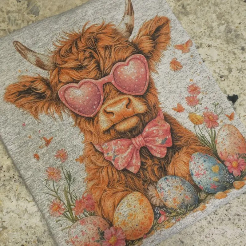 Pink sunglasses Highland cow Easter Graphic Tee or Sweatshirt Hoodie | GrindPrints.com