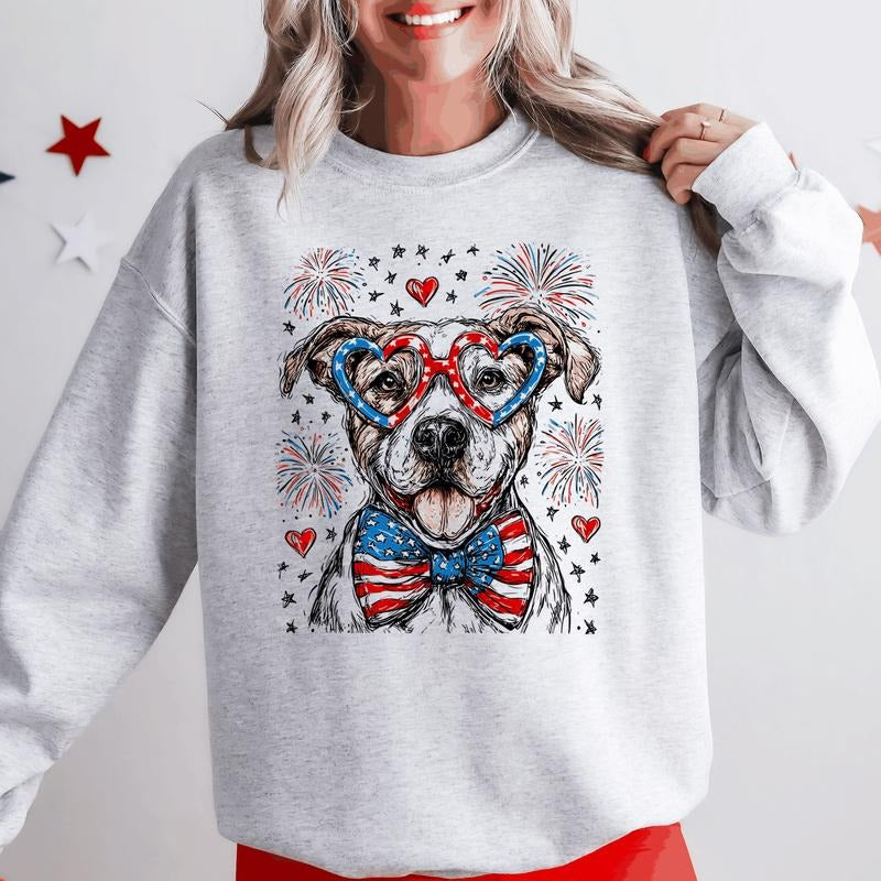 Pitbull Terrier Patriotic Dog, USA, America, Pet Lover, 4th of July Sweatshirt, Crew Neck, Women's, Crewneck T-Shirts, Hoodie