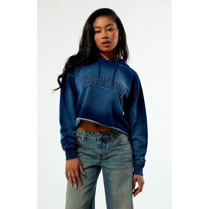 Playboy Women's By PacSun Frayed Applique Cropped Hoodie T-Shirts, Sweatshirt | GrindPrints.com