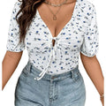 Plus Size Ditsy Floral Print Tee Tie Front V Neck Short Sleeve T Shirt Tops Hoodie, Sweatshirt | GrindPrints.com