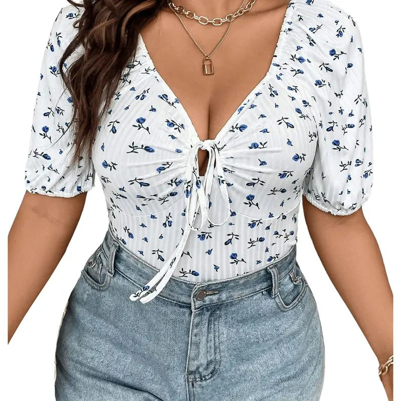 Plus Size Ditsy Floral Print Tee Tie Front V Neck Short Sleeve T Shirt Tops Hoodie, Sweatshirt | GrindPrints.com